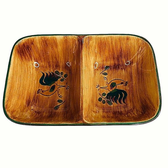 Pennsbury Pottery Red Rooster Divided Vegetable Dish Serving Bowl Art Pottery - Picture 1 of 12